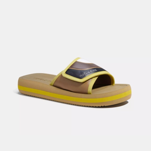 NWOB COACH Sport Slide Size 8 Rubber Pool Beach CA326 Brown Green Leather - Picture 3 of 10